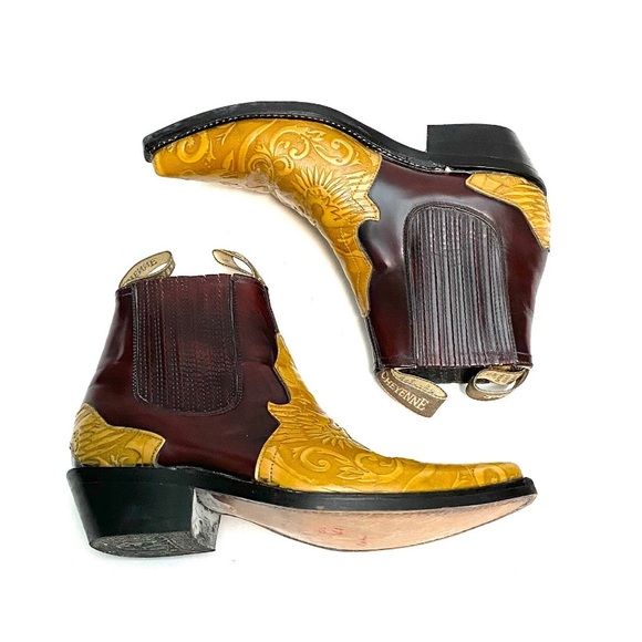 Vintage 1990s Boots Tooled Leather Pull On Western Ankle by Cheyenne Size 10 - Picture 2 of 9